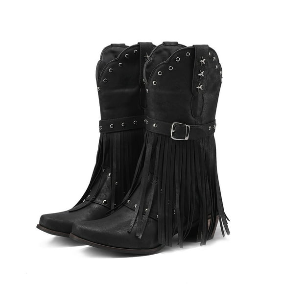 YOUSNH Cowboy Boots for Women Western Boot Pointed Toe Low Heel Tassel Decoration Booties Ladies Shoes Shoes Woman 2024 Trend Black 8
