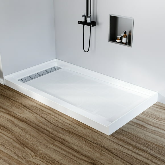 Shower Pans Bathroom Accessories – 60x32 Inch Non-Slip Fiberglass Shower Base (Left Drain), w/ 304 Stainless Steel Strip Cover – 3-Sided Water Retaining for Home & RV Use