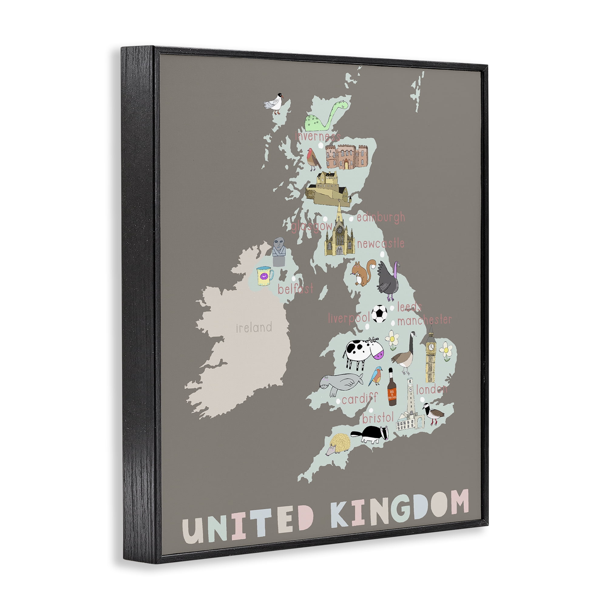 Kid's Map of United Kingdom Black Framed Giclee Art, design by Carla Daly