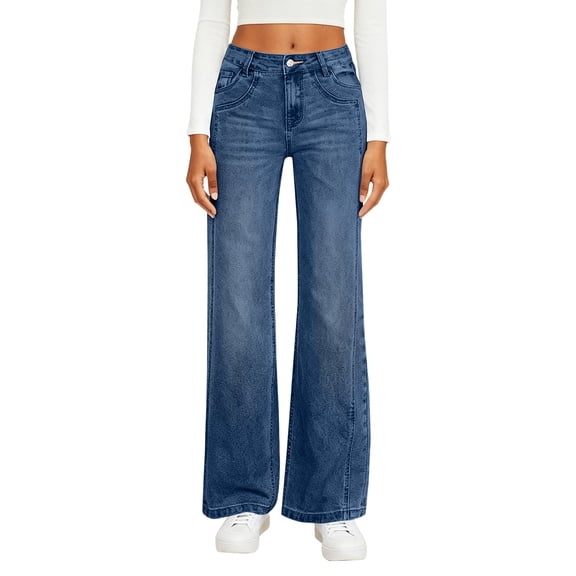 LWavelet Womens High Waisted Flared Jeans Daily Casual Denim Pants Blue S
