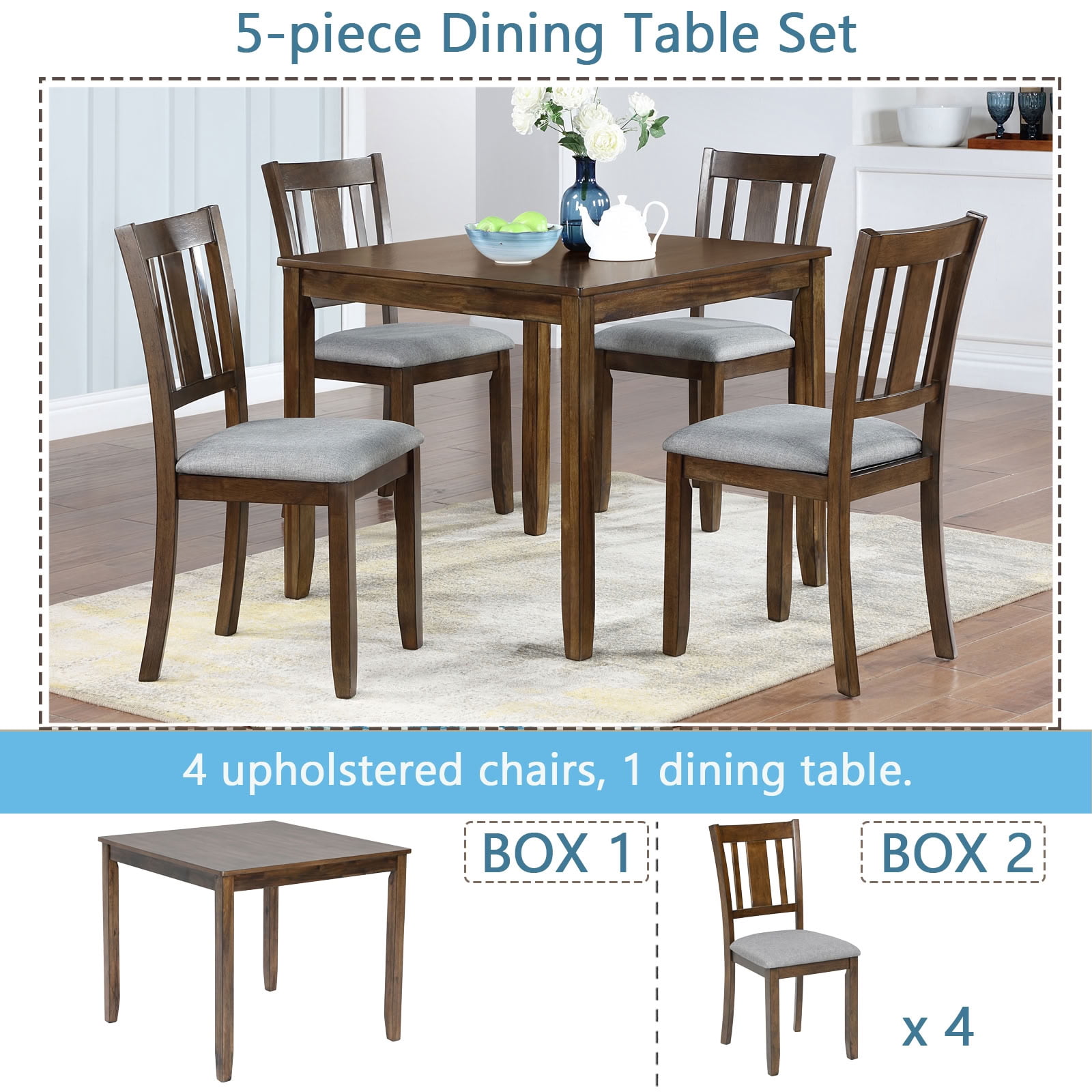 MAYEERTY 5-Piece Wooden Dining Table and Chairs Set for 4 with Water-Oil Resistant Tabletop & Space-Saving for Kitchen Dining Room Apartment, Walnut