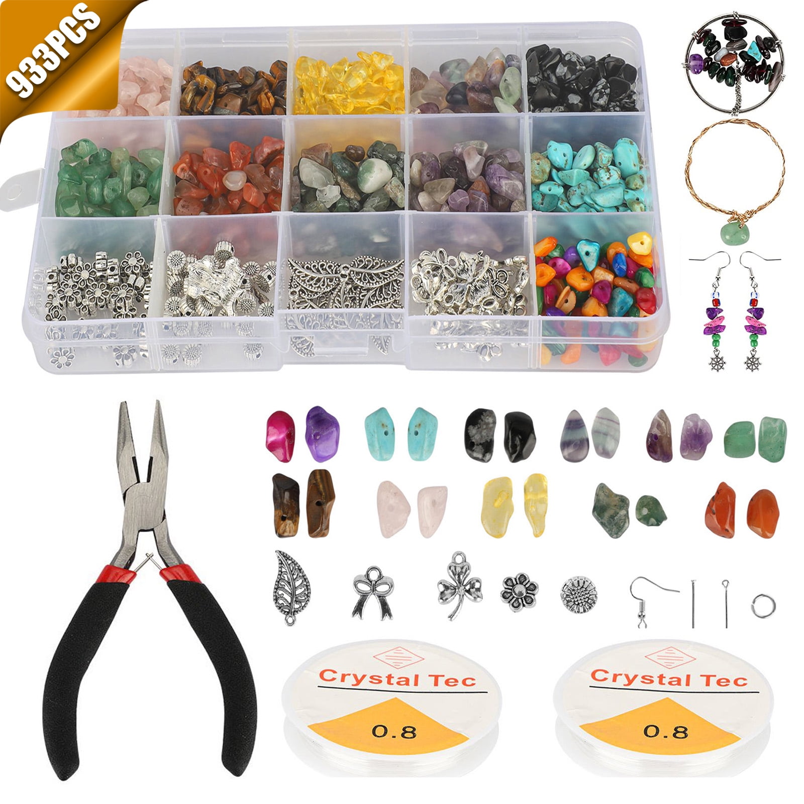 TSV 933pcs Natural Beads for Jewelry Making Kit, Irregular Chips Stone Gemstone Beads Kit with Earring Hooks Spacer Beads Pendants Charms Jump Rings for DIY Necklace Bracelet Earring Making