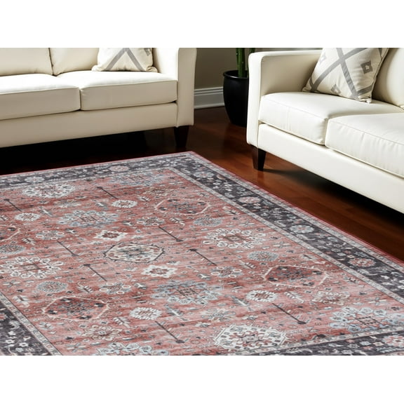 5' X 7' Brick Red and Black Oriental Distressed Non Skid Area Rug