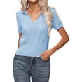 thumbnail image 3 of Women's V Neck Short Sleeve Collared Cable Sweaters Tops Solid Knit Soft Pullover Shirt Top for Casual Light Blue L, 3 of 10