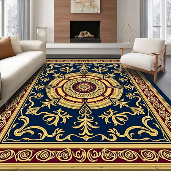 ODIKA 4'x6' Machine Washable Non-Slip Area Rug, Elegant Medallion Floral Emblem Decorative Welcome Entry High Traffic Rug, Blue, 678871