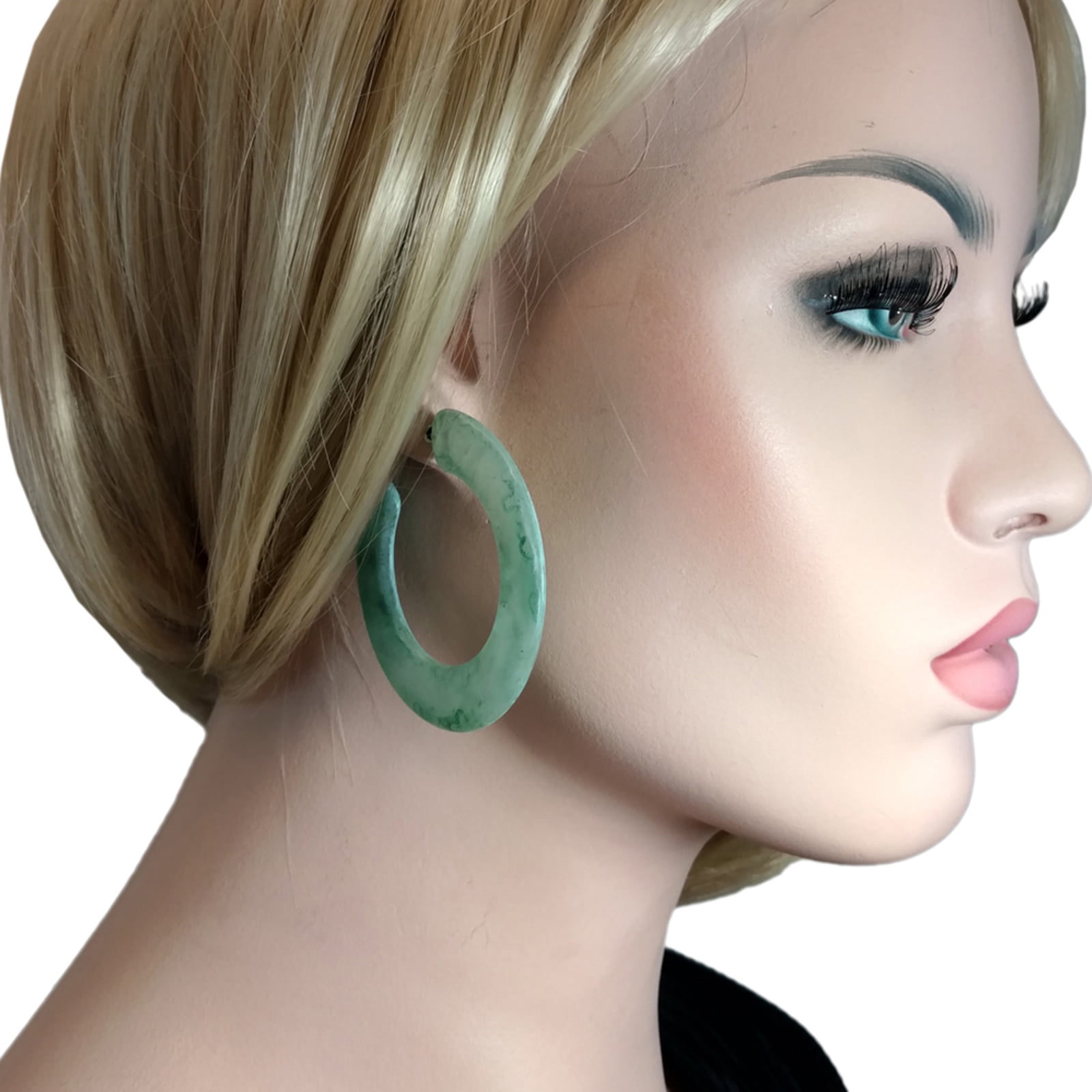 Clear Green Patina Marbled Lucite Wide Flat Large Bold Statement Pierced Hoop Earrings 2 1/4" Ladies Adult Female Women