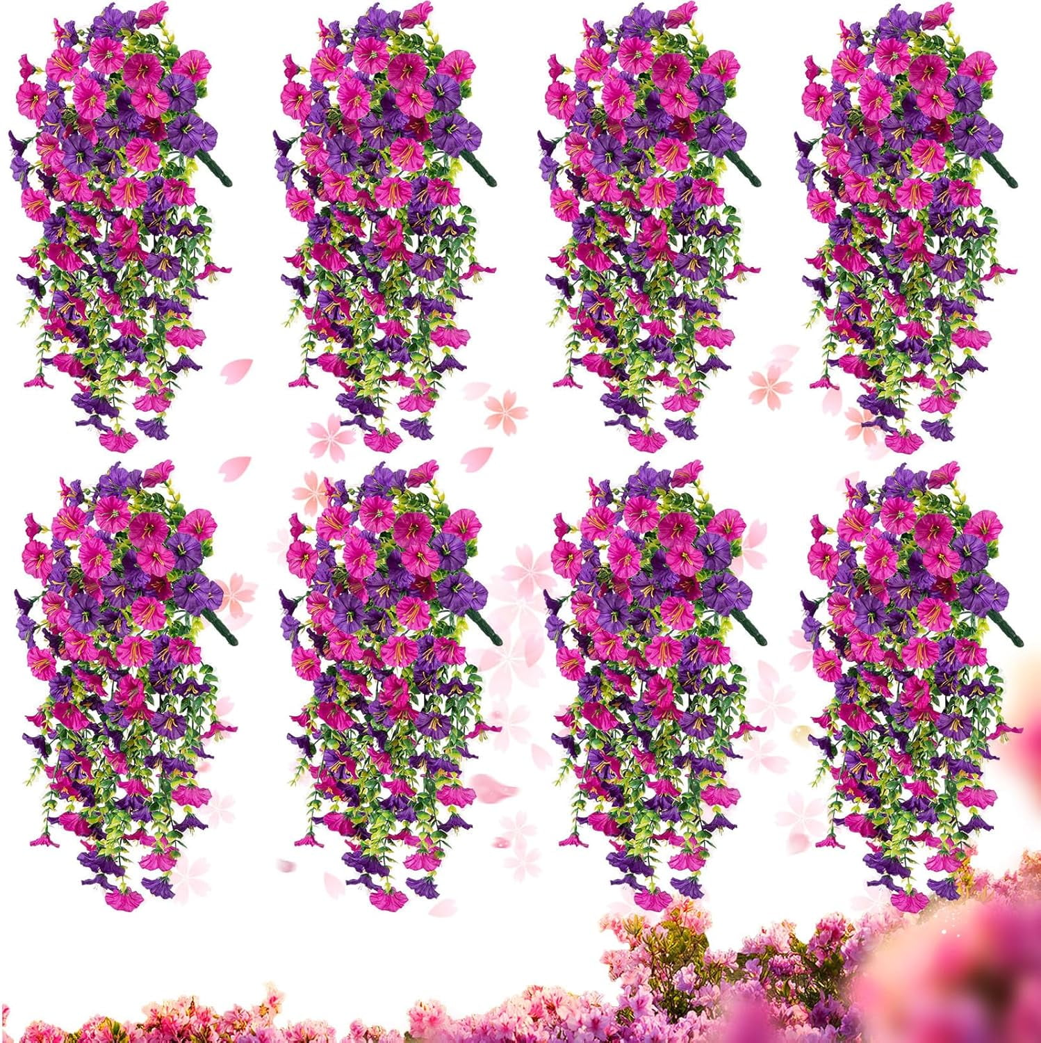 Hanging Morning Glory Artificial Flowers, Colorful Realistic Fake Petunias, Uv Resistant Wall Hanging Artificial Morning Glory with Vines for Decoration Outside Indoor Porch Yard