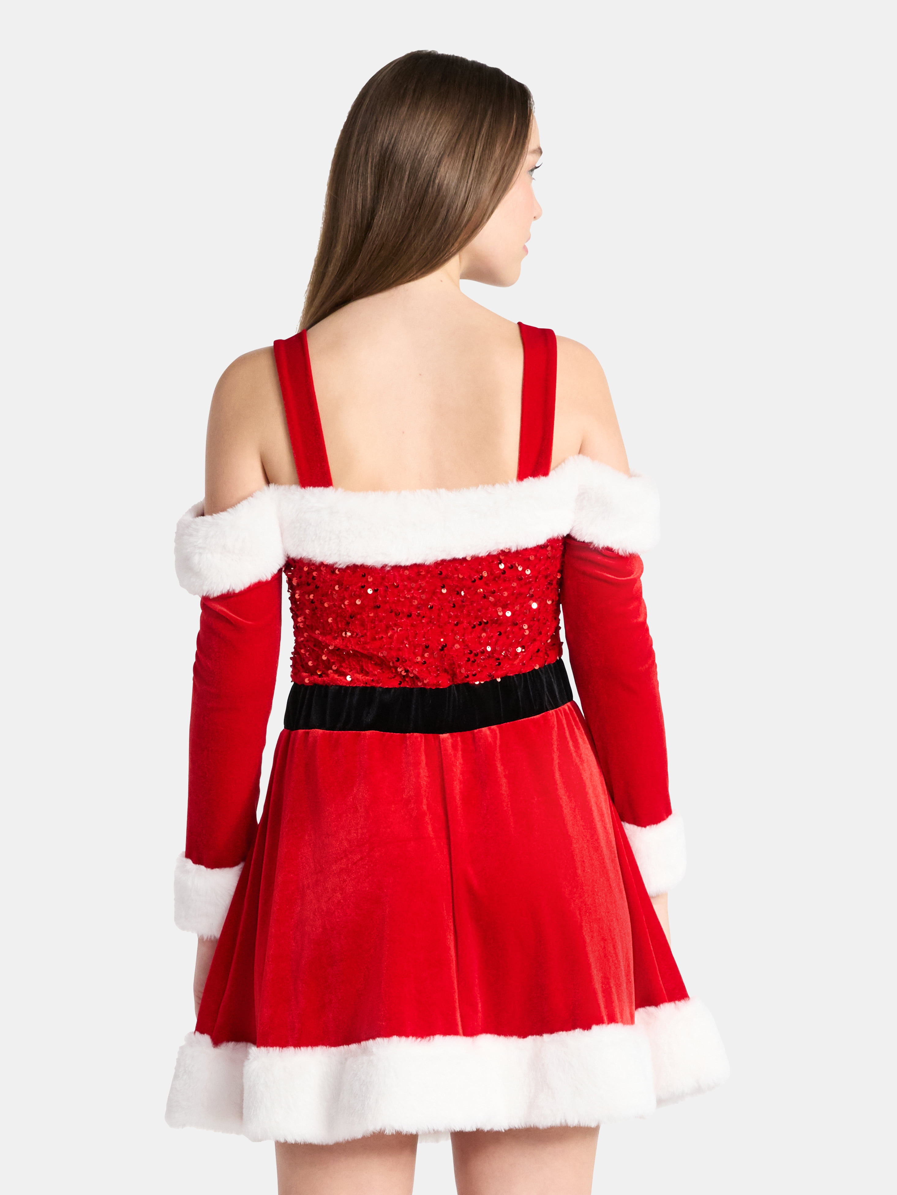 No Boundaries Off The Shoulder Christmas Holiday Dress with Faux Fur, Women’s