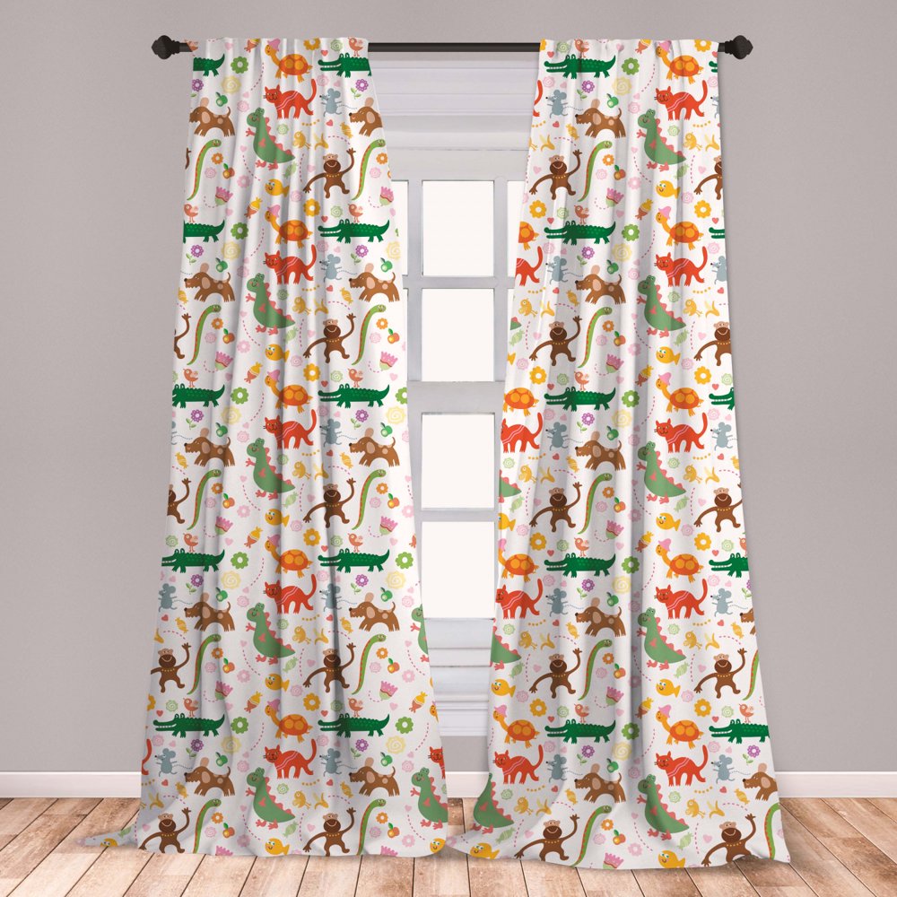 Animals Curtains 2 Panels Set, Jolly Cartoon Animals Colorful Flowers and Hearts for Cheerful