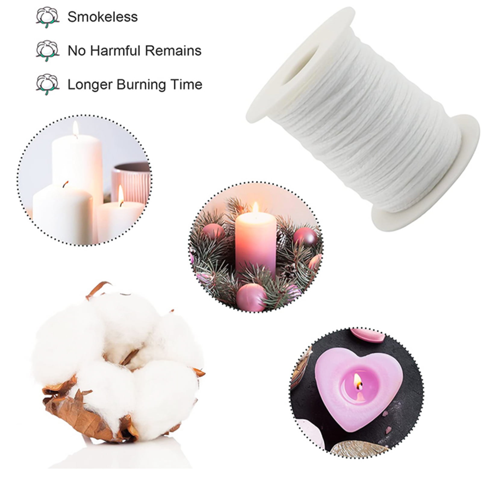 Qweryboo 61M Candle Wick, 60 Pcs Candle Wick Stickers and 5 Pcs Wooden Candle Wick Centering Devices, Smokeless Wick Set, Odorless Wick, Natural Wick with Wick Holder for DIY Candles