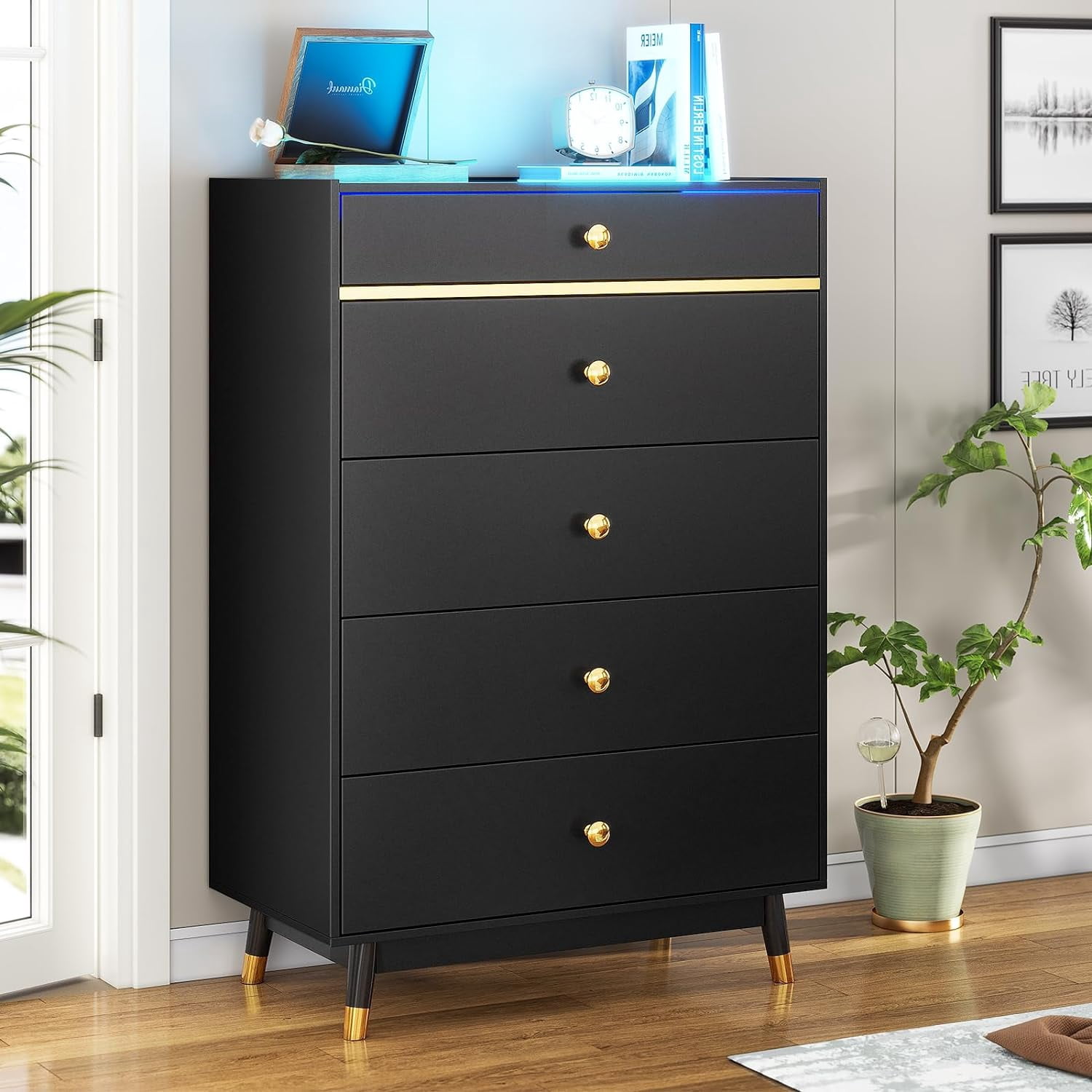 black glass dresser MIKEL - Chest of 3 Drawers and 2 Doors - Bedroom Dresser Storage Cabinet  Sideboard - Anthracite / Black Gloss H29 1/2