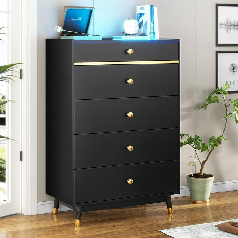 Modern Black Bedroom Dresser with LED Lights, 5 Drawers & Glass Top, 8  Storage Compartments - Walmart.com