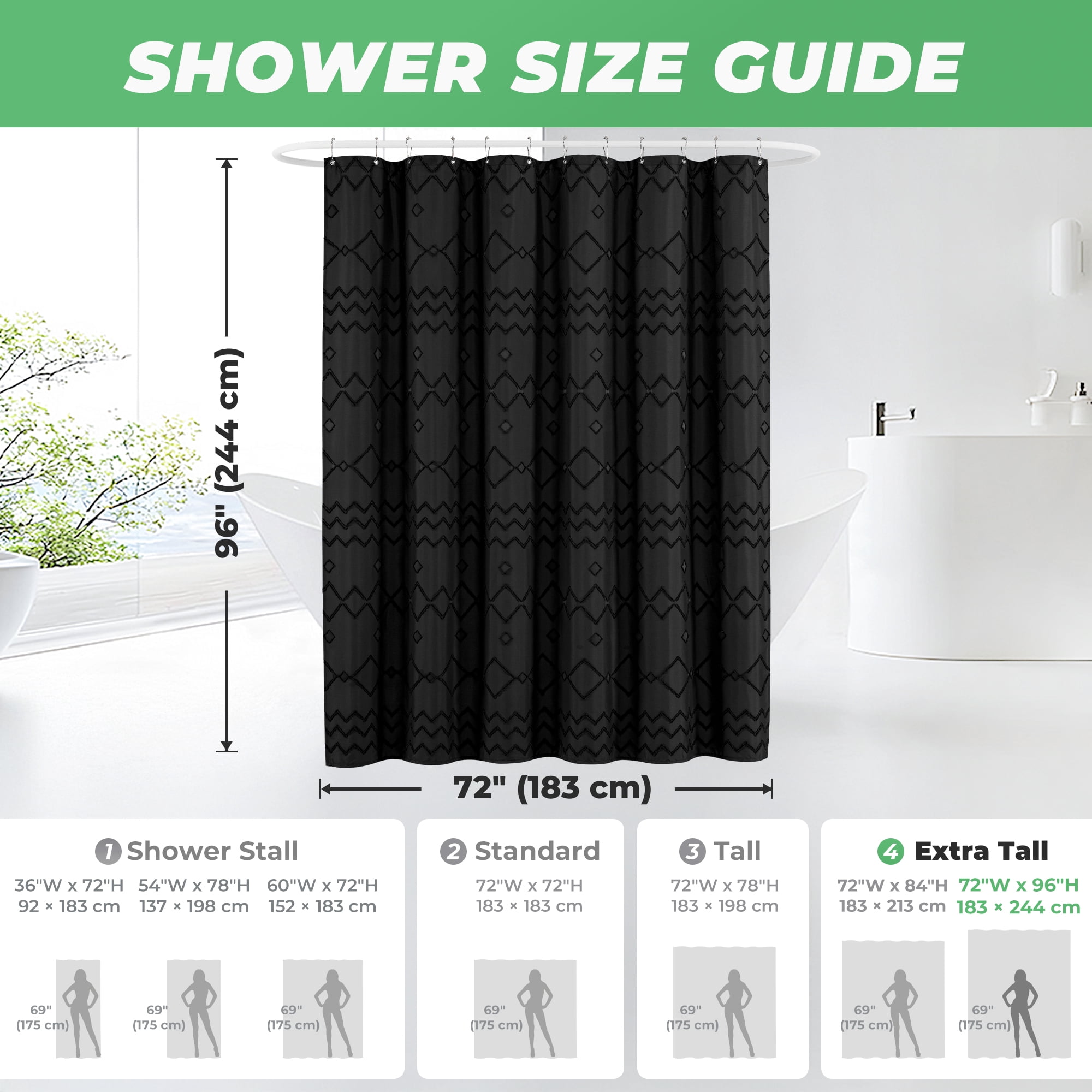 Seasonwood Black Shower Curtain Fabric Textured Tufted Chevron Striped Bathroom Shower Curtains 72 x 96