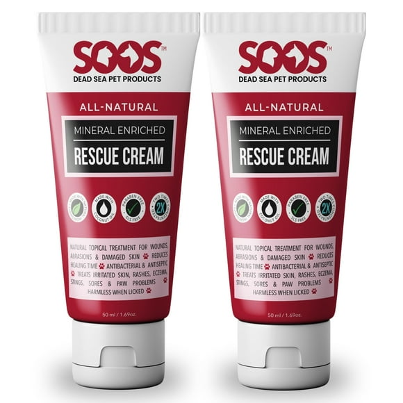 SOOS Pet Rescue Cream for Dogs and Cats - Natural Dead Sea Mineral Enriched - Fast Absorbing, Reduce Pain - Treatment of Injuries Cuts, Sores, Wounds, Scratches, Damaged Skin - 50ml (2 Pack)