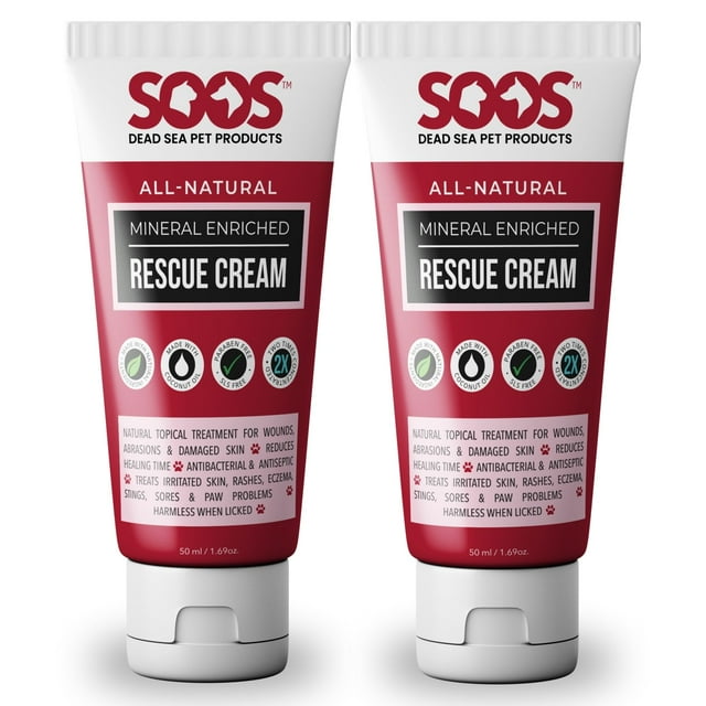 SOOS Pet Rescue Cream for Dogs and Cats - Natural Dead Sea Mineral Enriched - Fast Absorbing, Reduce Pain - Treatment of Injuries Cuts, Sores, Wounds, Scratches, Damaged Skin - 50ml (2 Pack)