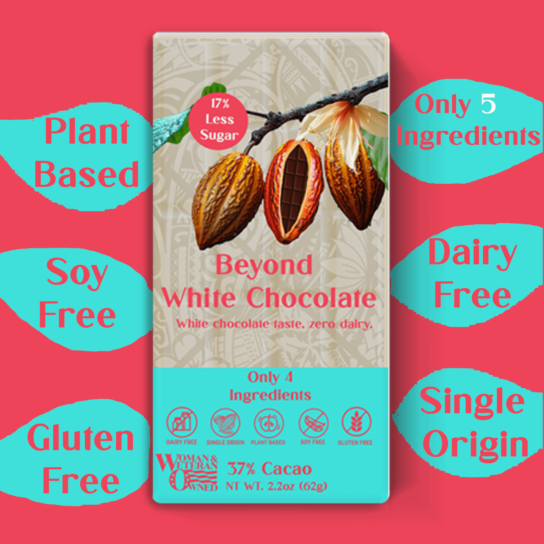 Beyond White Chocolate Bar - Dairy-free | 2.2 Ounce (Pack of 6) | Organic, Low Sugar, 37% Cacao, Plant Based, Dairy Free, Gluten-Free | Single Origin