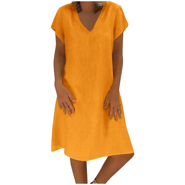Vestido midi de manga corta de lino de color liso con cuello en V para mujer: vestido informal para verano y otoño