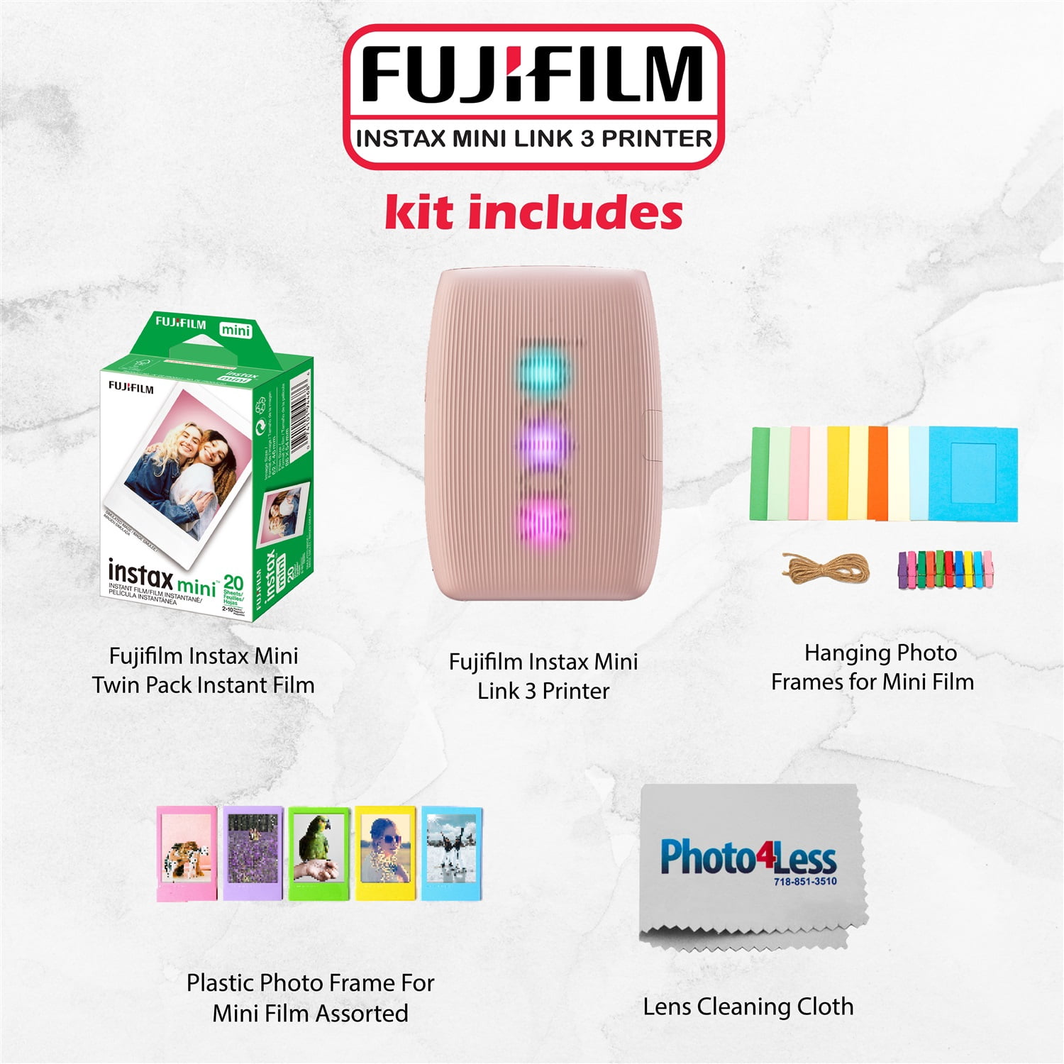 Fujifilm Instax Mini Link 3 Printer (Rose Pink) Bundle with Fujifilm Instax Mini film (20 sheets), Hanging Photo Frames, Table top Photo Frame For Mini Film