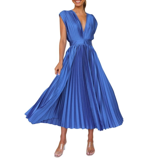 B91xZ Robe Longue pour Femmes Col en V Sans Manches Fendue Robe Formelle Cocktail Soirée Bal Longues Robes, Bleu m