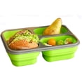 thumbnail image 1 of Collapsible Silicone Bento Box with Reusable Fork 3-Compartment Collapsible Bento Box Space Saving for Portable Healthy Meals BPA Free Microwave Freezer Dishwasher Safe（Green), 1 of 7