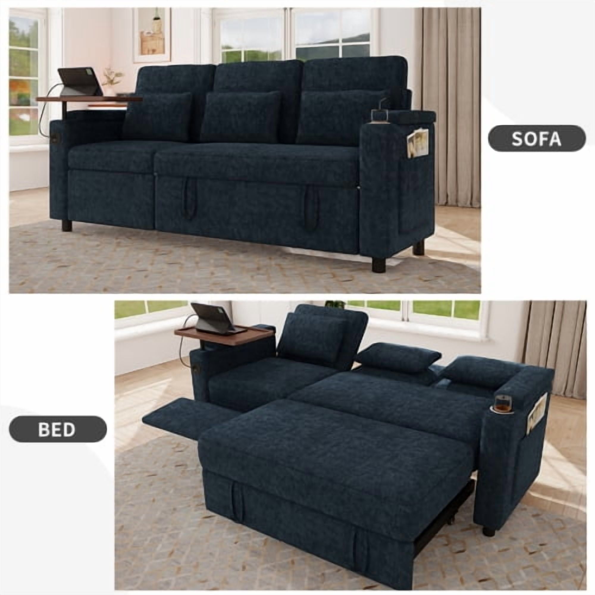 81" 3-in-1 Convertible Sofa Bed, Electric Recliner & Sleeper with Table, USB Ports, Storage Armrests, Chenille, 6 Adjustable Positions, Blue