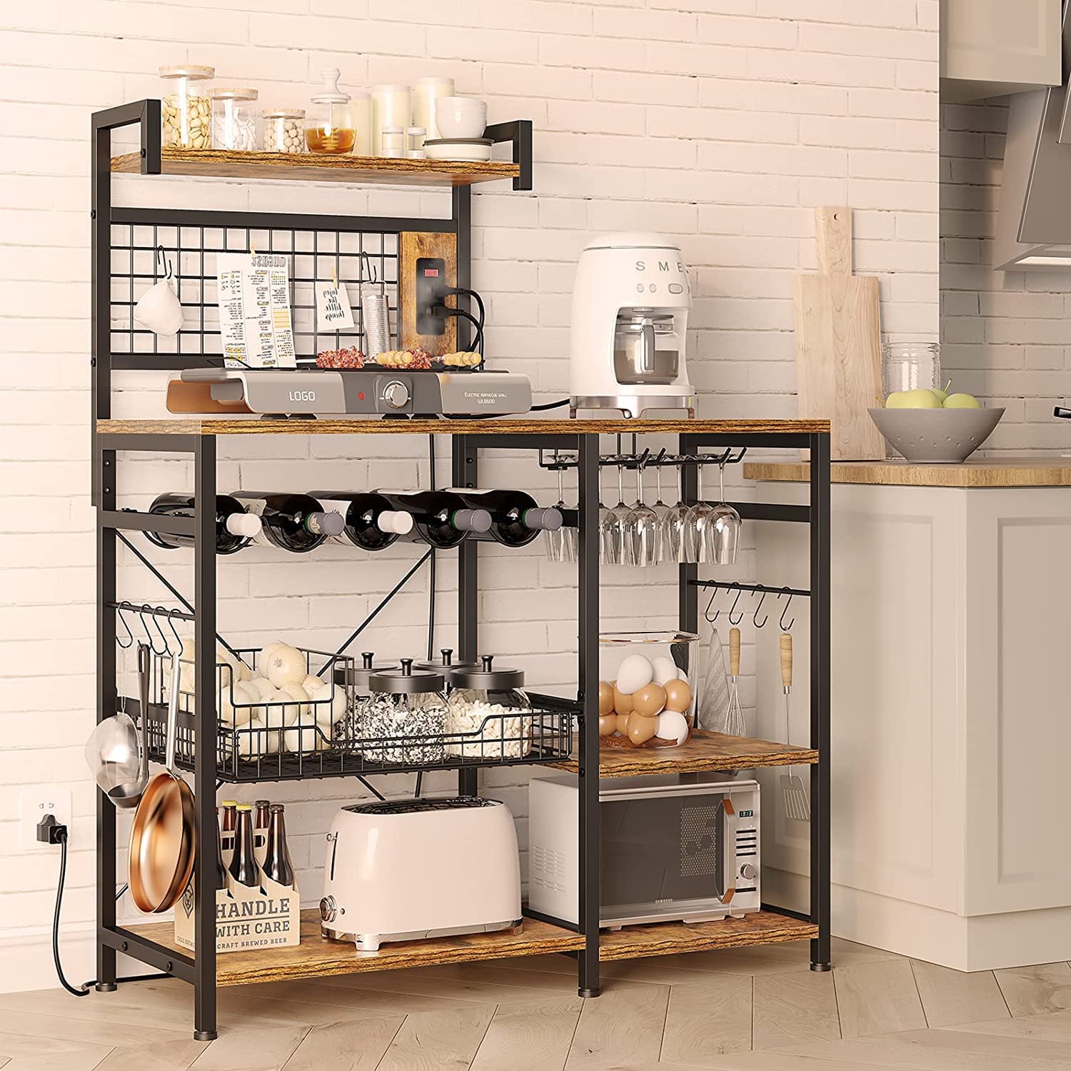 Kitchen Bakers Rack With Power Outlet & RGB LED Lights - 4-Tier Coffee Bar With Adjustable Shelf
