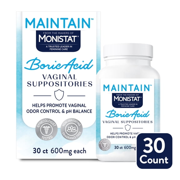 Monistat Maintain Boric Acid Suppositories for Women, Vaginal Odor Control, 30 Count