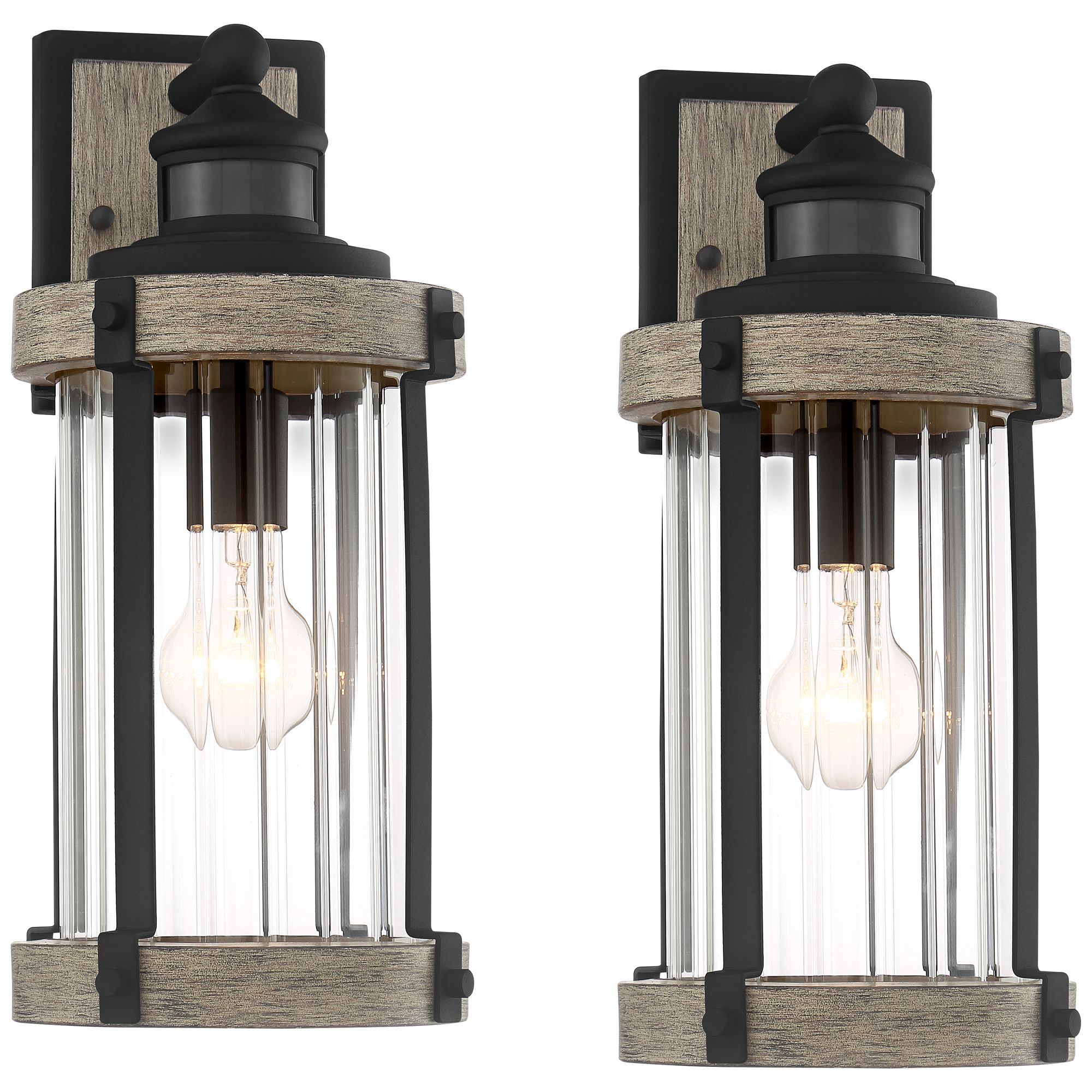 John Timberland Stan Industrial Outdoor Wall Light Fixtures Set of 2 Gray Black Motion Sensor Dusk to Dawn 15 1/2" Clear Glass for Post