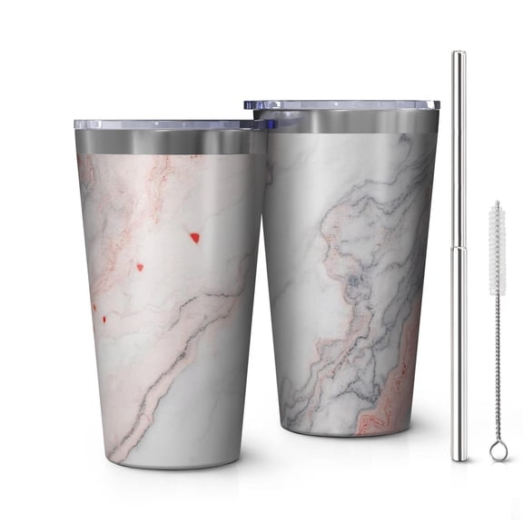 16oz Tumblers White Gray Red Marble Pattern Stainless Steel Vacuum Insulated Double Wall Travel Tumbler Cups Mug with Lid and Straw,Cleaning Brush for Coffee,Tea