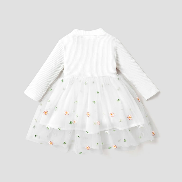 PatPat Cotton Kid Clothes for Newborn Daughter: White Ribbed Long-sleeve Floral  Embroidered Mesh Dress - Walmart.com