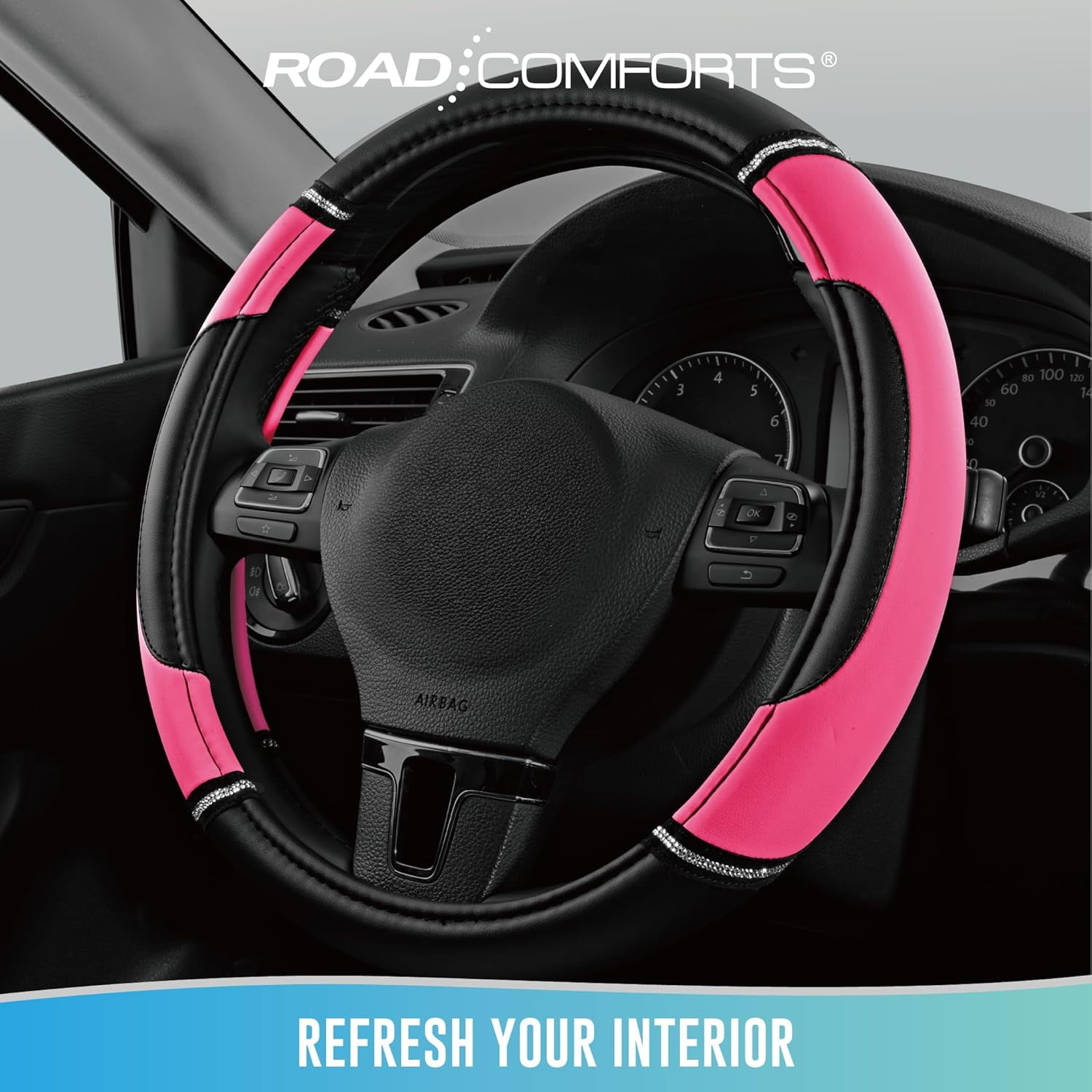 Leather Steering Wheel Cover - Made with PVC Leather - Anti-Slip, Universal Fit 14 1/2 inches to 15 inches - Hot Pink