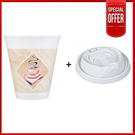 Dart 12x16G, 12 Oz. Espresso Foam Cup and White Plastic Cup Lid With Reclosable Tab, Customizable Disposable Hot and Cold Drink Tea Coffee Cups