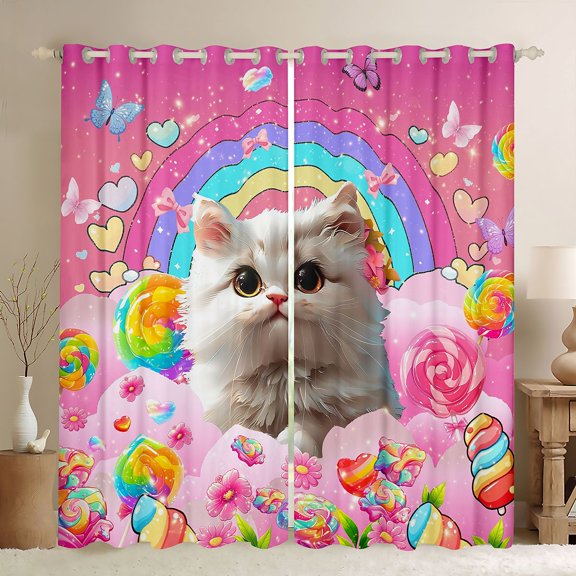 Manfei Cute Pet Cat Blackout Curtains Set of 2 (52x84 Each),Kawaii Kitten Window Curtains,Rainbow Candy Print Curtains and Drapes For Kids,Luxury Bedroom Decor