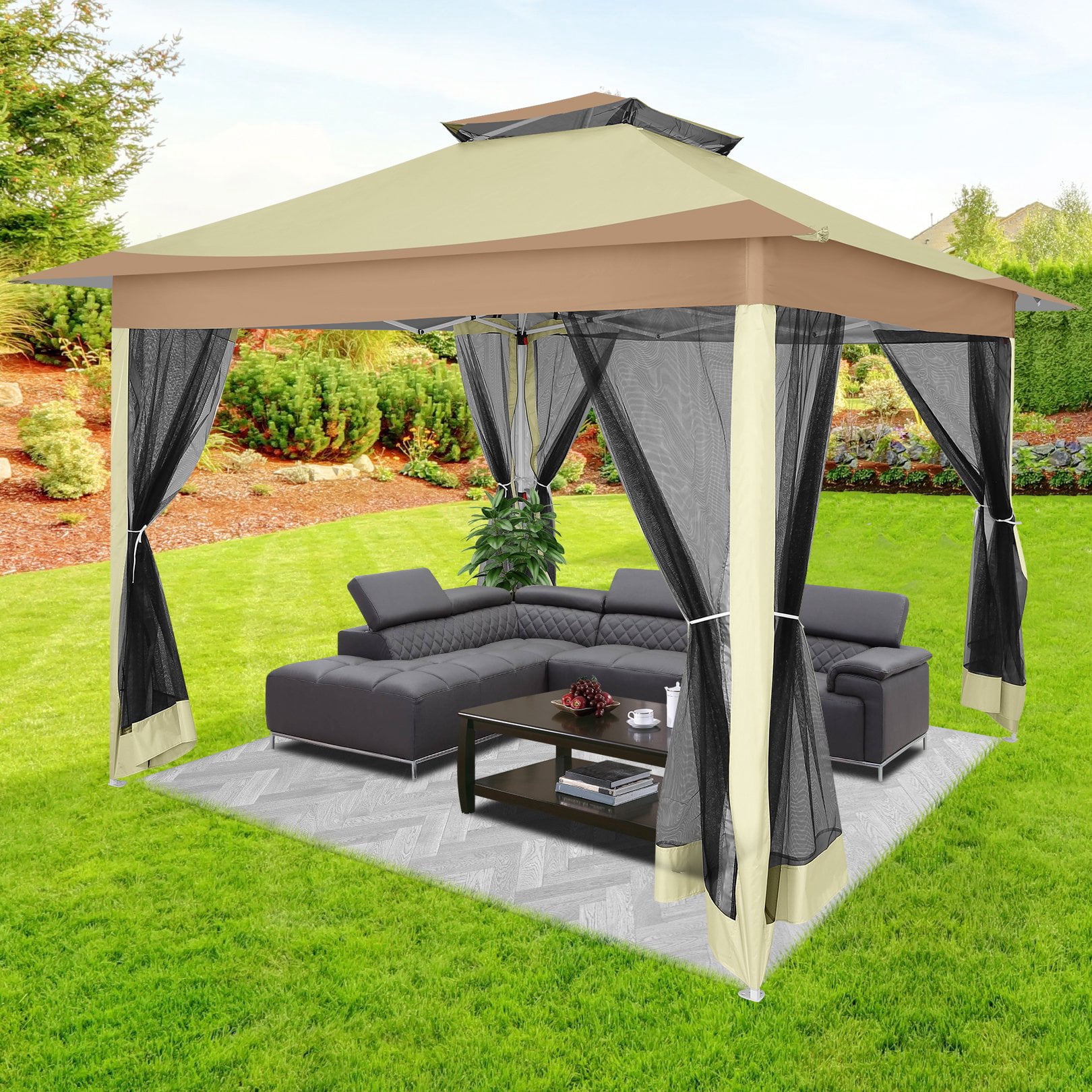 SANOPY 12'x12' Pop Up Gazebo Tent, Rainproof UV Resistant Double Eaves Gazebo with Removable Mosquito Net Sidewalls, Carry Bag, Gazebo Canopy for Camping, Garden, Lawn