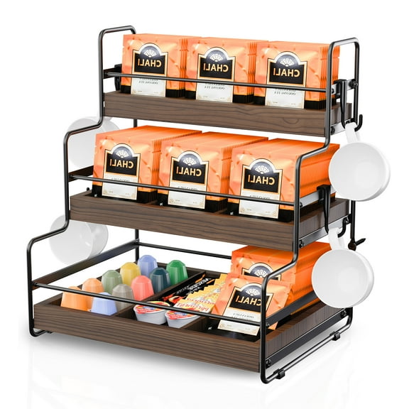 Tea Bag Organizer for Counter, 3 Tier Tea Bag Holder Organizer, Wooden Tea Box with Partitions and Hook, Wall-Mounted Tea Organizers and Storage for Kitchen Café Office