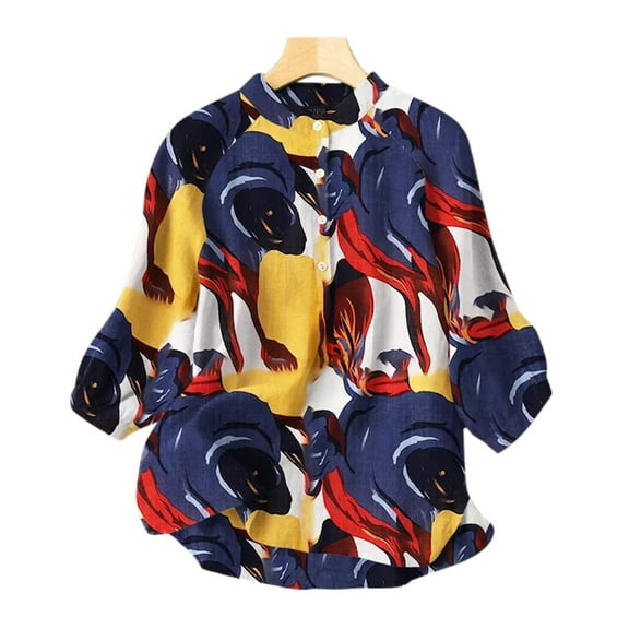 Usmixi Womens Shirts 3/4 Sleeve Crewneck Color Patchwork Summer Tops Fashion Button Down Plus Size Comfy Cotton Linen Blouse