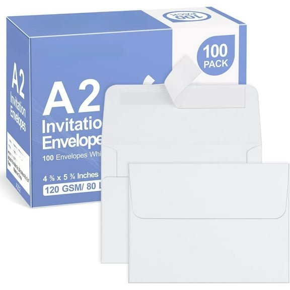 100 Pack White A2 Paper Envelopes Peel & Seal Invitation Envelopes for Weddings, RSVP, Photos, Greeting Cards, Baby Shower, Announcements, Thank You Notes 4.375 x 5.75 Inches