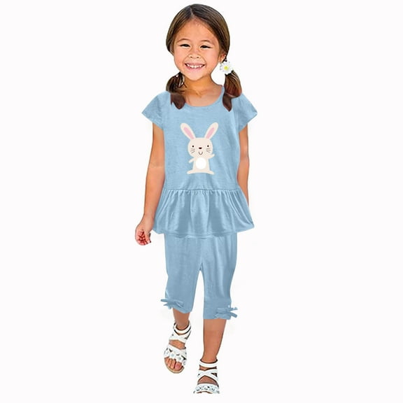 Zwiiyzr 1-10 Years Little & Big Girl Summer Outfits Cute Bunny Ruffle Short Sleeved Flutter Sleeve Elastic Waist Cropped Pants Daisy 2Pcs Clothing Set Light Blue