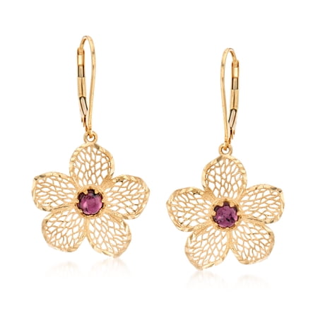 Ross-Simons Italian .90 ct. t.w. Garnet Flower Drop Earrings in 14kt Yellow Gold, Women's, Adult