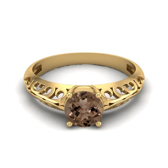 0.85 Ctw Round Smoky Quartz 925 Sterling Silver Gold Vermeil Solitaire Filigree Women Valentines Day Gifts Ring