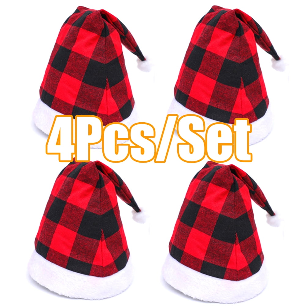 Cheers.US 4Pcs Buffalo Plaid Santa Hats, Red and Black Plaid Christmas