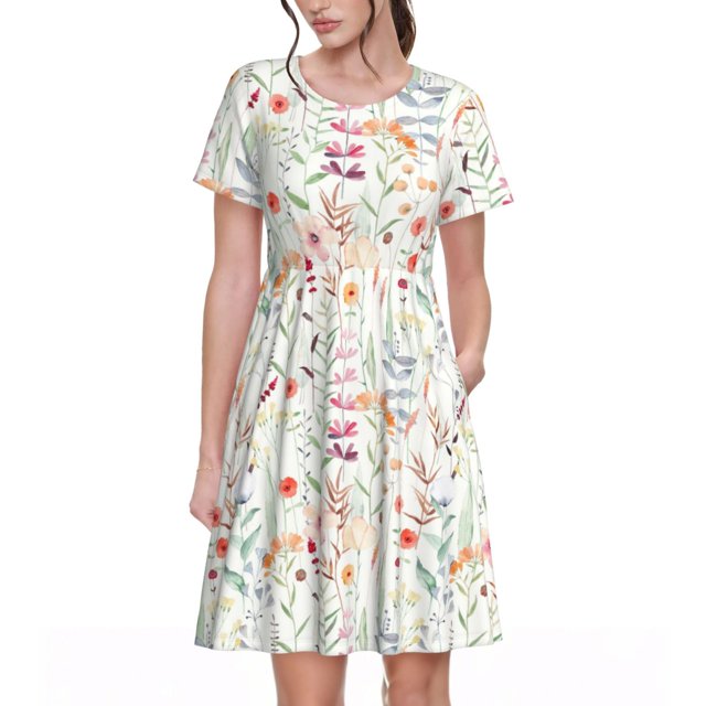 Easygdp Wildflower Watercolor 4 para Vestido Transpirable de Mujer, Vestido Suelto de Manga Corta con Pliegues y Bolsillos para el Verano