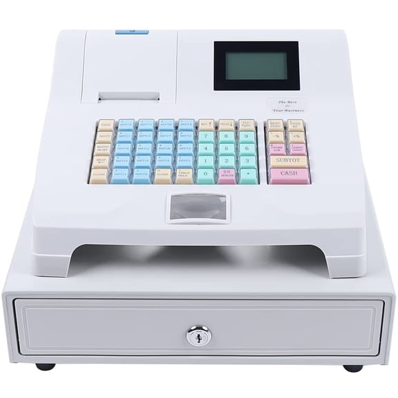 Electronic Cash Register 48 Keys POS System Cash Register w/ 8-Digital LED Display, Thermal Printer & Cash Box Cash Register for Small Businesses, Retailer and Supermarket (White)