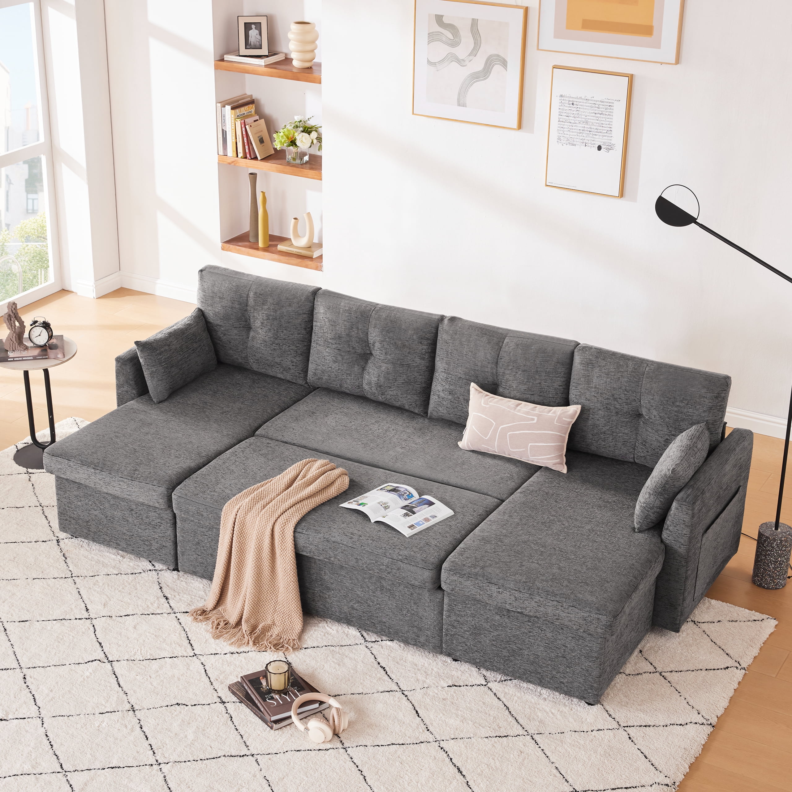 Weture Sectional Sleepe Sofa, 2 in 1 Pullout Couch Bed with Storage Chaise and Side Pocket, DarkGray