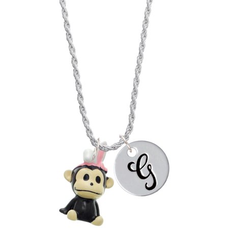 Delight Jewelry Resin Monkey with Bunny Ears Silvertone Script Initial Disc - G - Charm Necklace 20 +3