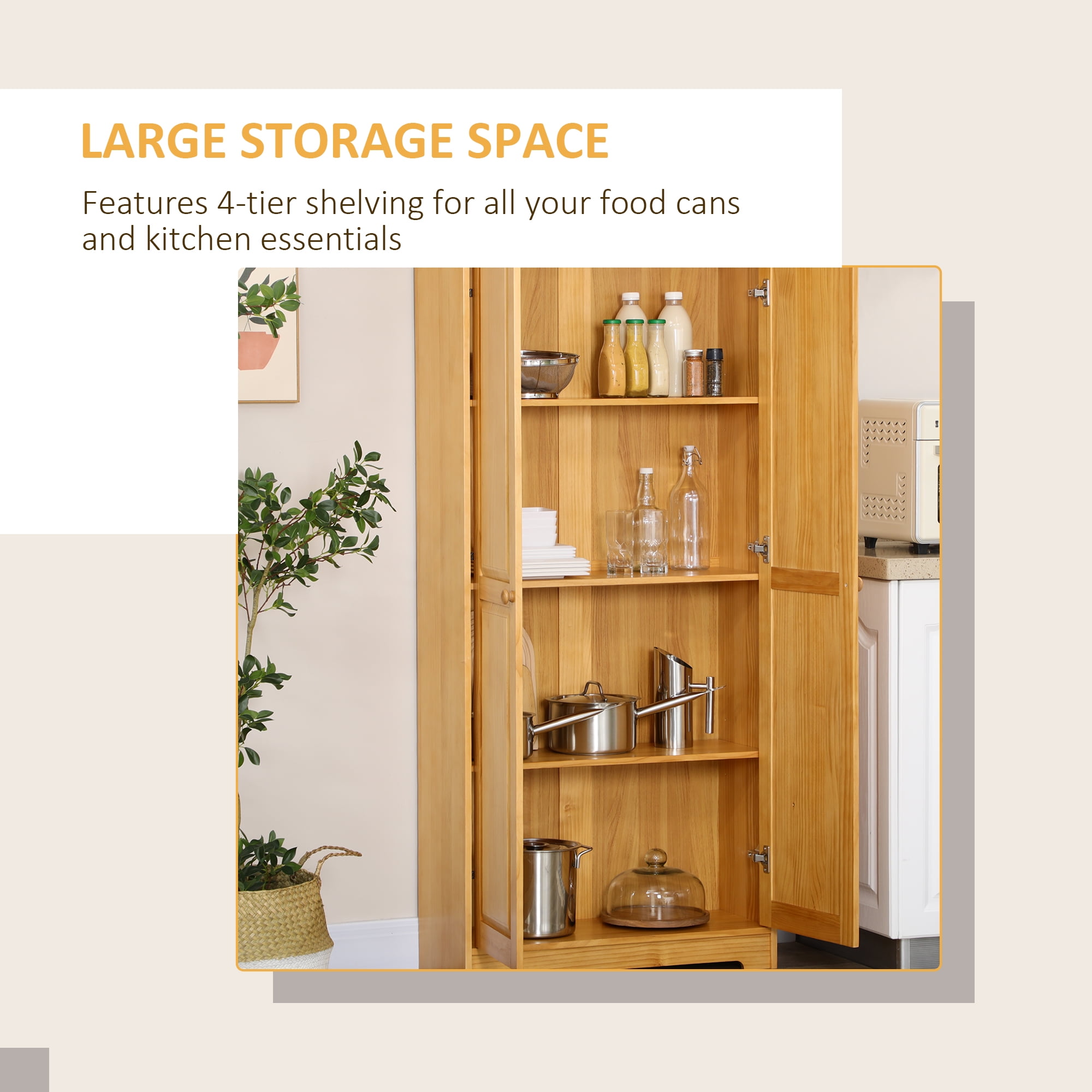 HOMCOM 67" Pinewood Kitchen Pantry Storage Cabinet, Freestanding Cabinets with Doors and Shelf Adjustability, Soft-Close Mechanism, Brown