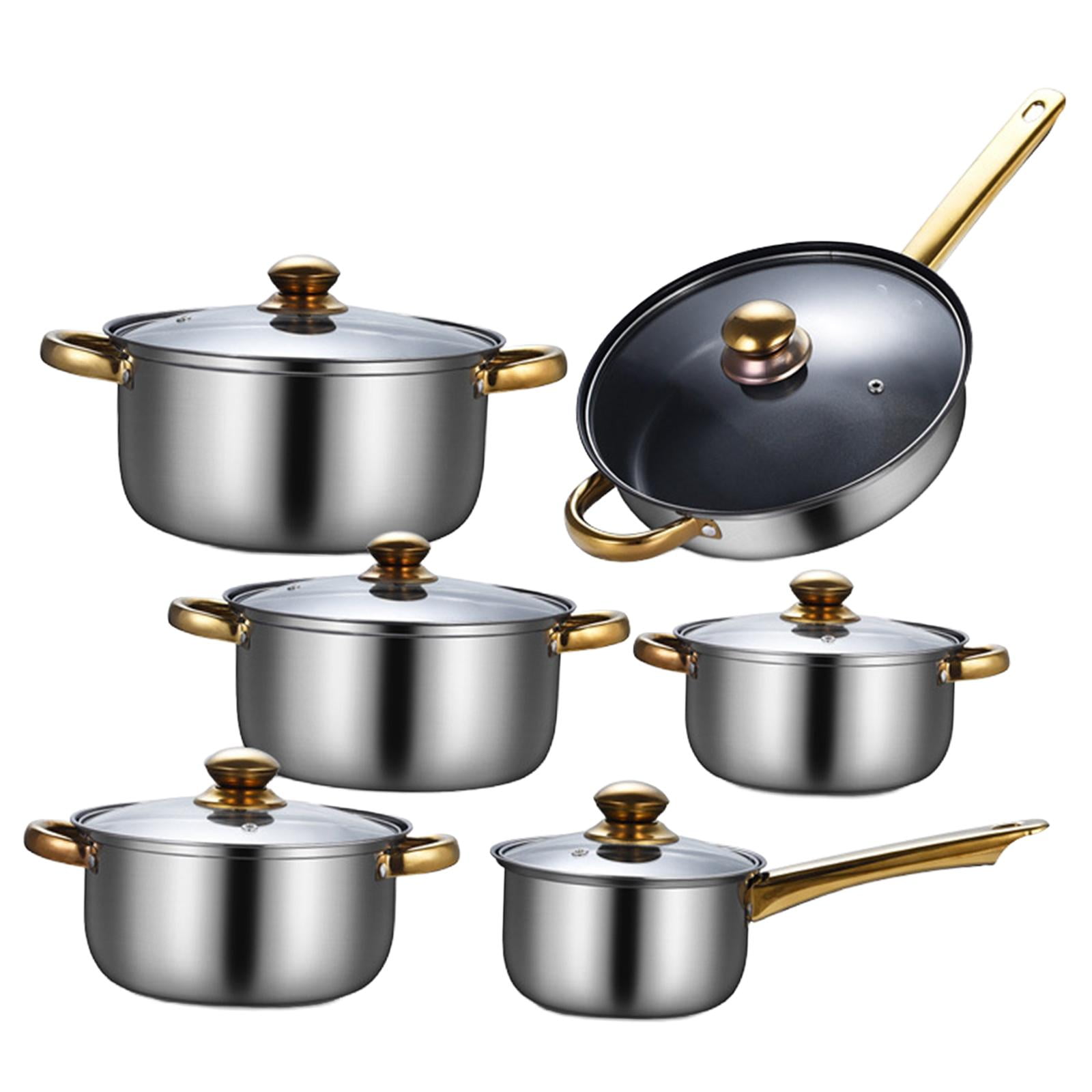 Nishiyuenyi 6x Pots and Pans Set Soup Pot with Glass Lid Nonstick Pan Cookware Set Stainless Pans with soup pot