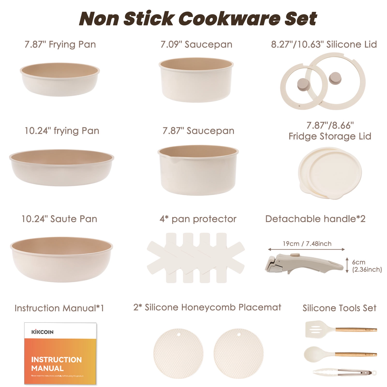 Kikcoin 19 Pcs Non-Stick Pots and Pans Set, Non-Toxic Coating Cookware Set with Removable Handles, Induction/Oven Safe to Use(Beige)