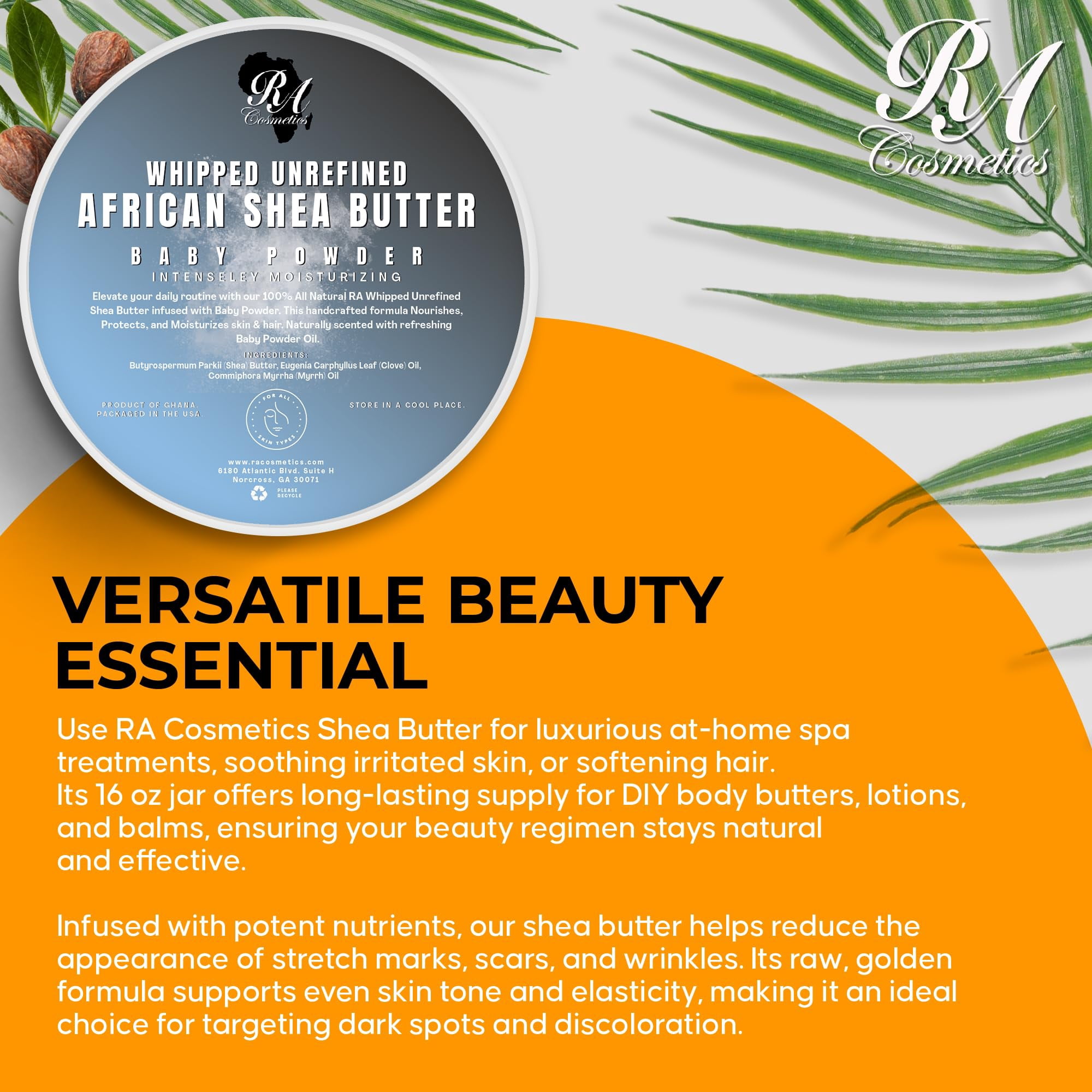 RA COSMETICS Whipped Shea Butter Baby Powder - 100% Pure and Natural African Shea Butter - Ultimate Handcrafted Moisturizer with Essential Vitamins for Radiant Skin and Luscious Hair - 12oz Jar