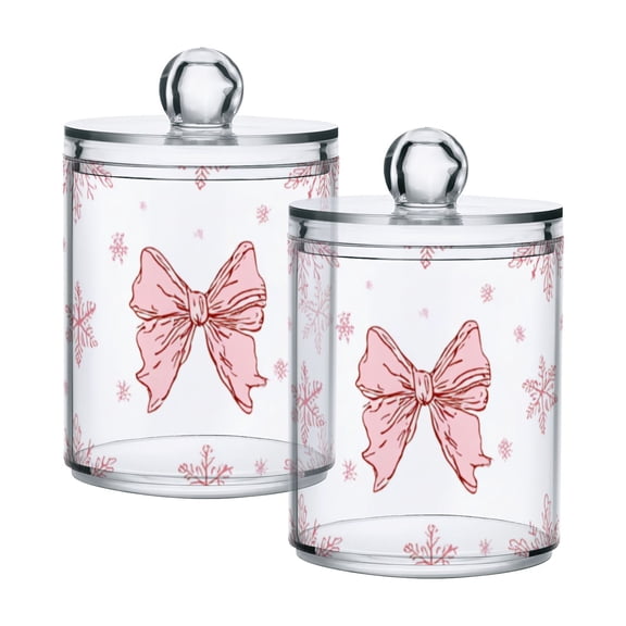 Christmas Pink Bows and Pink Snowflakes Translucent Plastic Cans Storage Canisters with Lid Set of 2